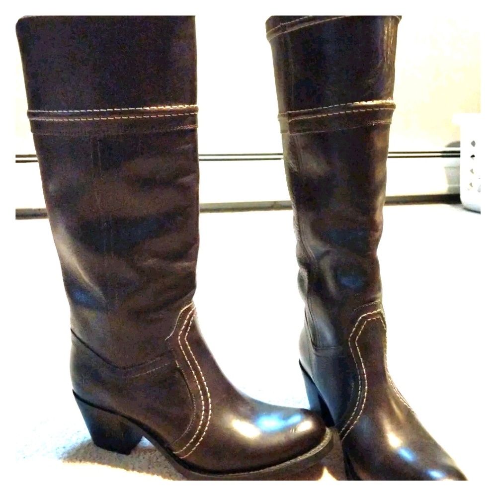 FRYE 77231 Jane Stitch Brown Leather Riding Boots